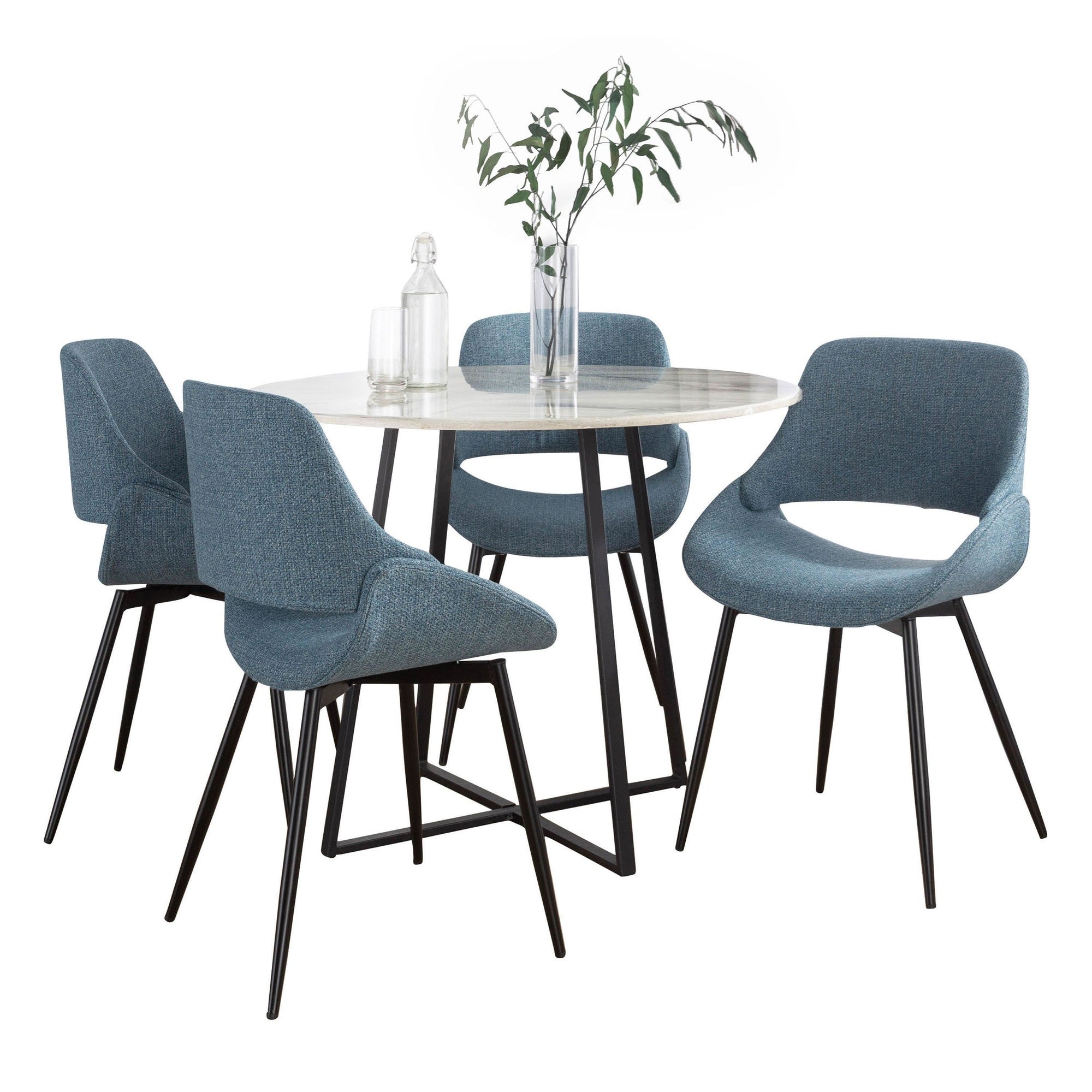 Cosmo-fabrico Dining Set - 5 Piece - Black Metal, White Marble, Blue Fabric