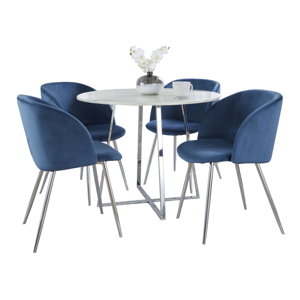 Cosmo-fran Dining Set - 5 Piece - Chrome Metal, White Marble, Blue Velvet