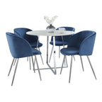 Cosmo-fran Dining Set - 5 Piece - Chrome Metal, White Marble, Blue Velvet