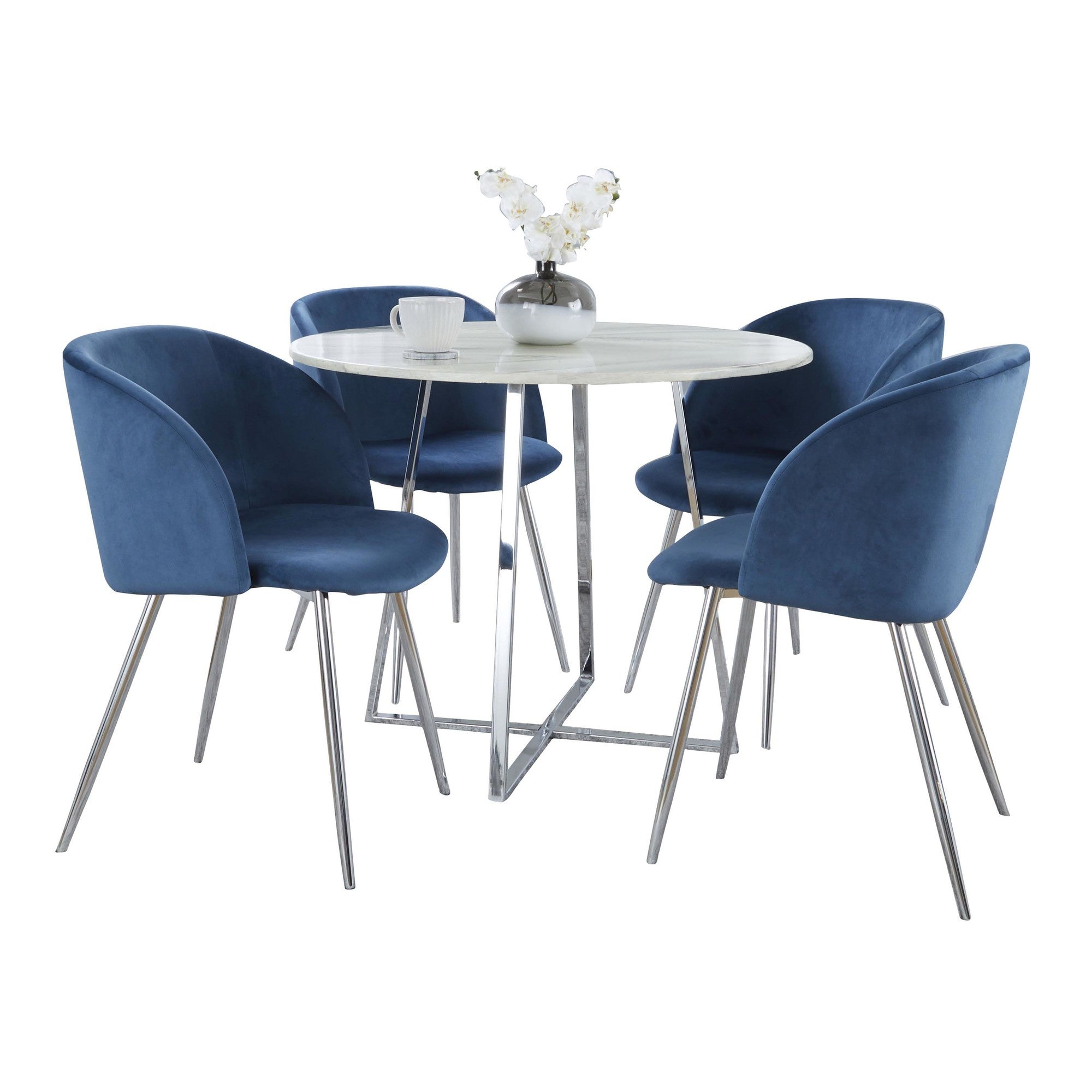 Cosmo-fran Dining Set - 5 Piece - Chrome Metal, White Marble, Blue Velvet