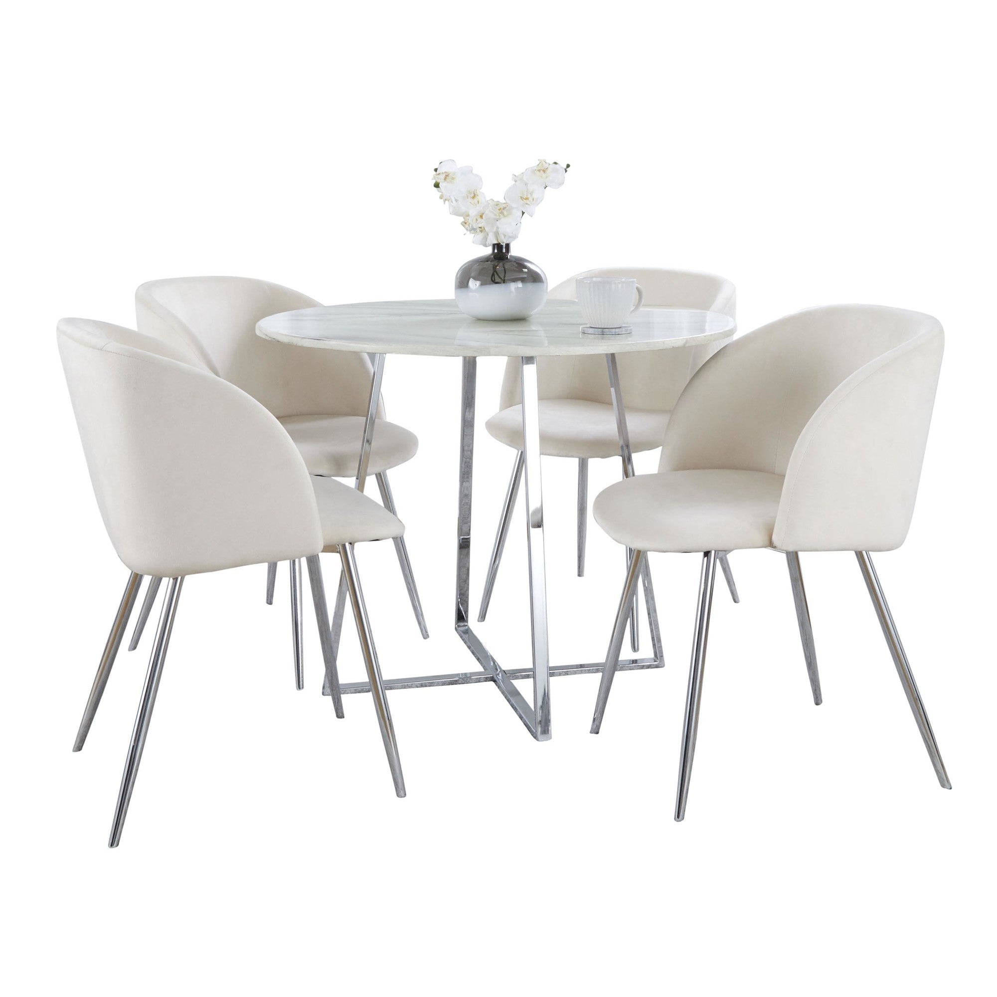 Cosmo-fran Dining Set - 5 Piece - Chrome Metal, White Marble, Cream Velvet