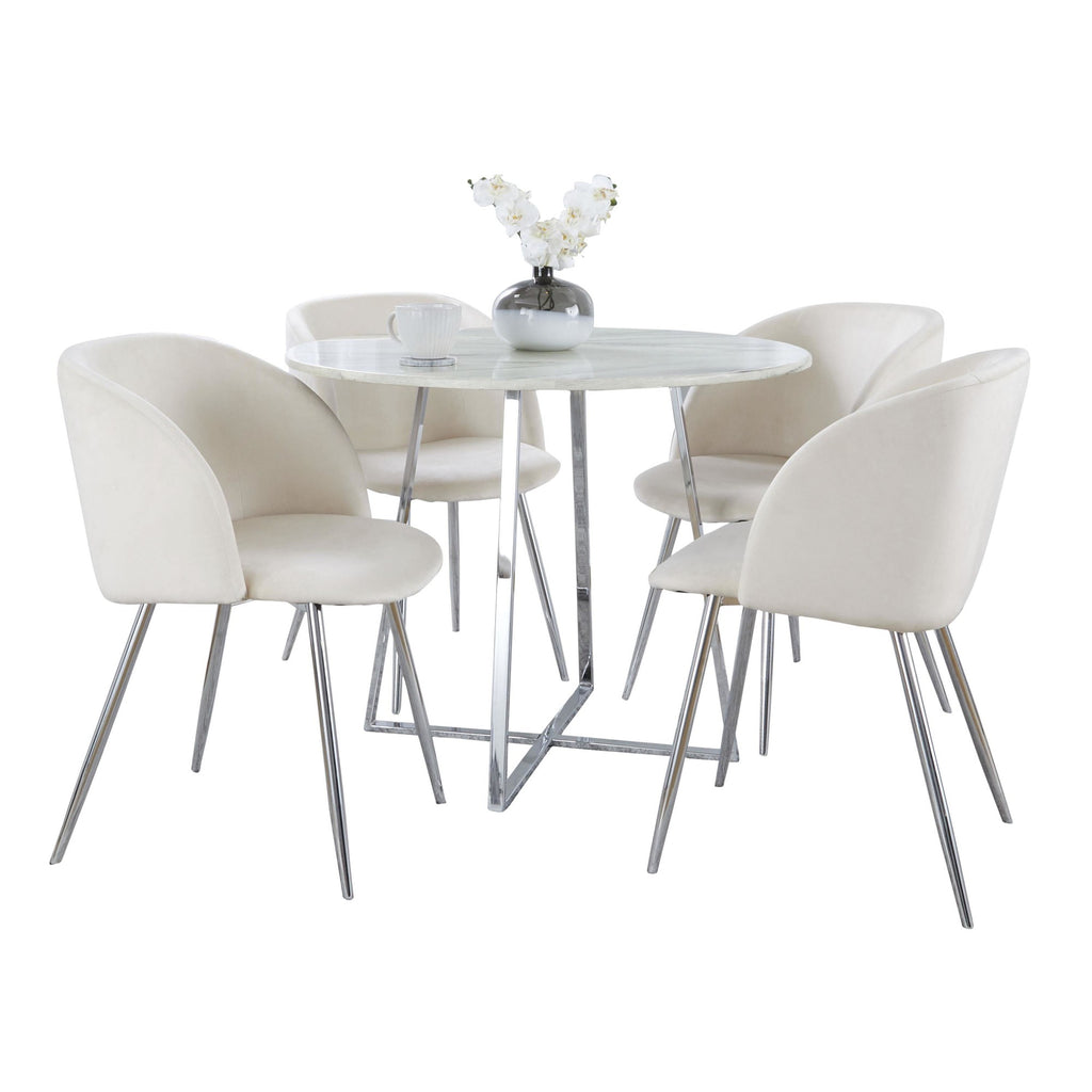 Cosmo-fran Dining Set - 5 Piece - Chrome Metal, White Marble, Cream Velvet