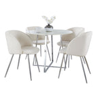 Cosmo-fran Dining Set - 5 Piece - Chrome Metal, White Marble, Cream Velvet