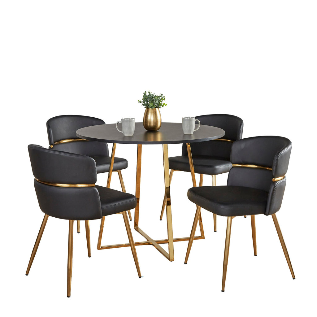 Cosmo-cinch Dining Set - 5 Piece - Gold Metal, Black MDF, Black PU