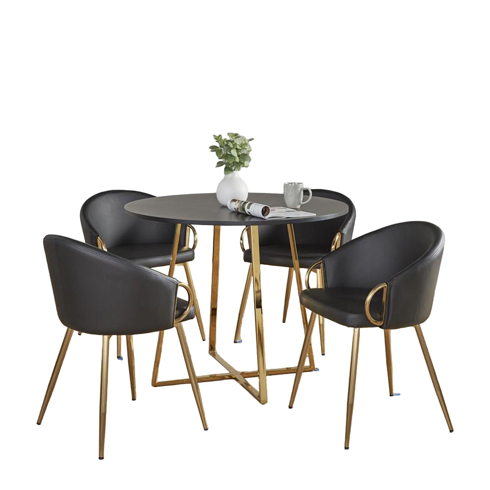 Cosmo-claire Dining Set - 5 Piece - Gold Metal, Black MDF, Black PU