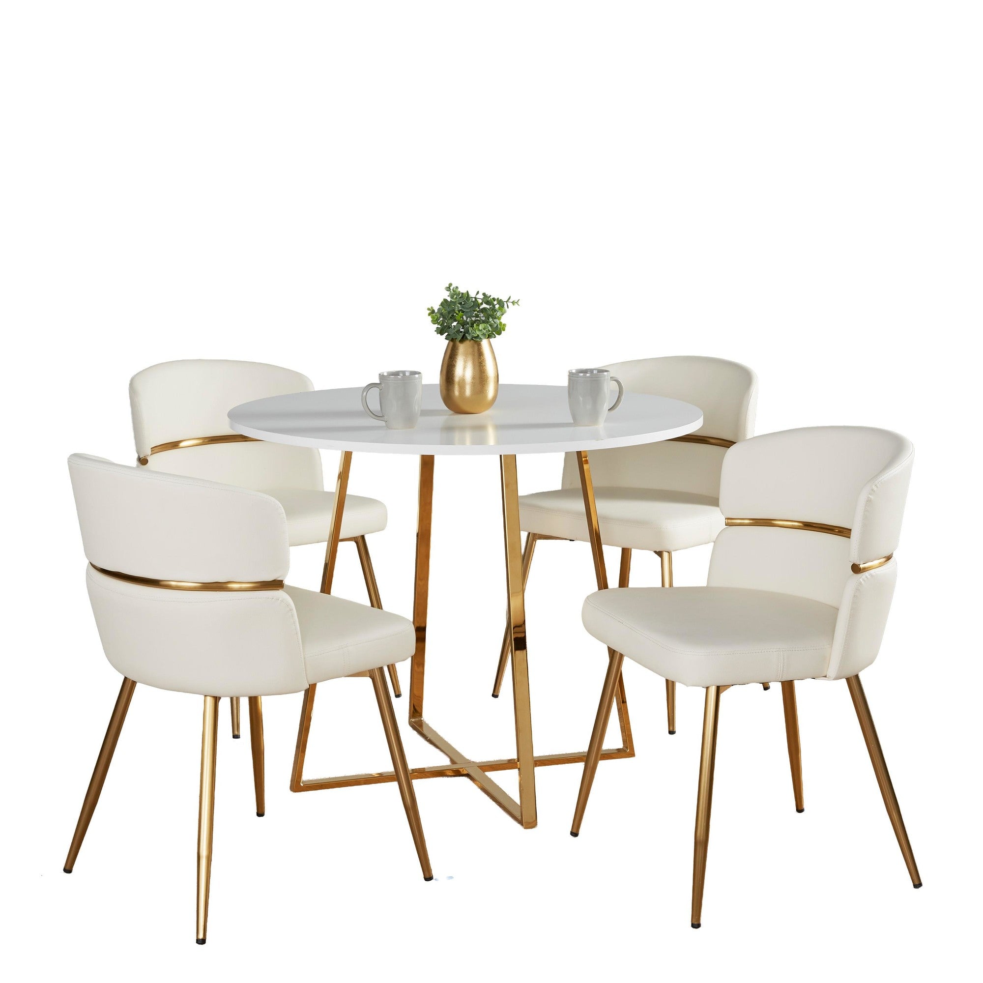 Cosmo-cinch Dining Set - 5 Piece - Gold Metal, White MDF, White PU