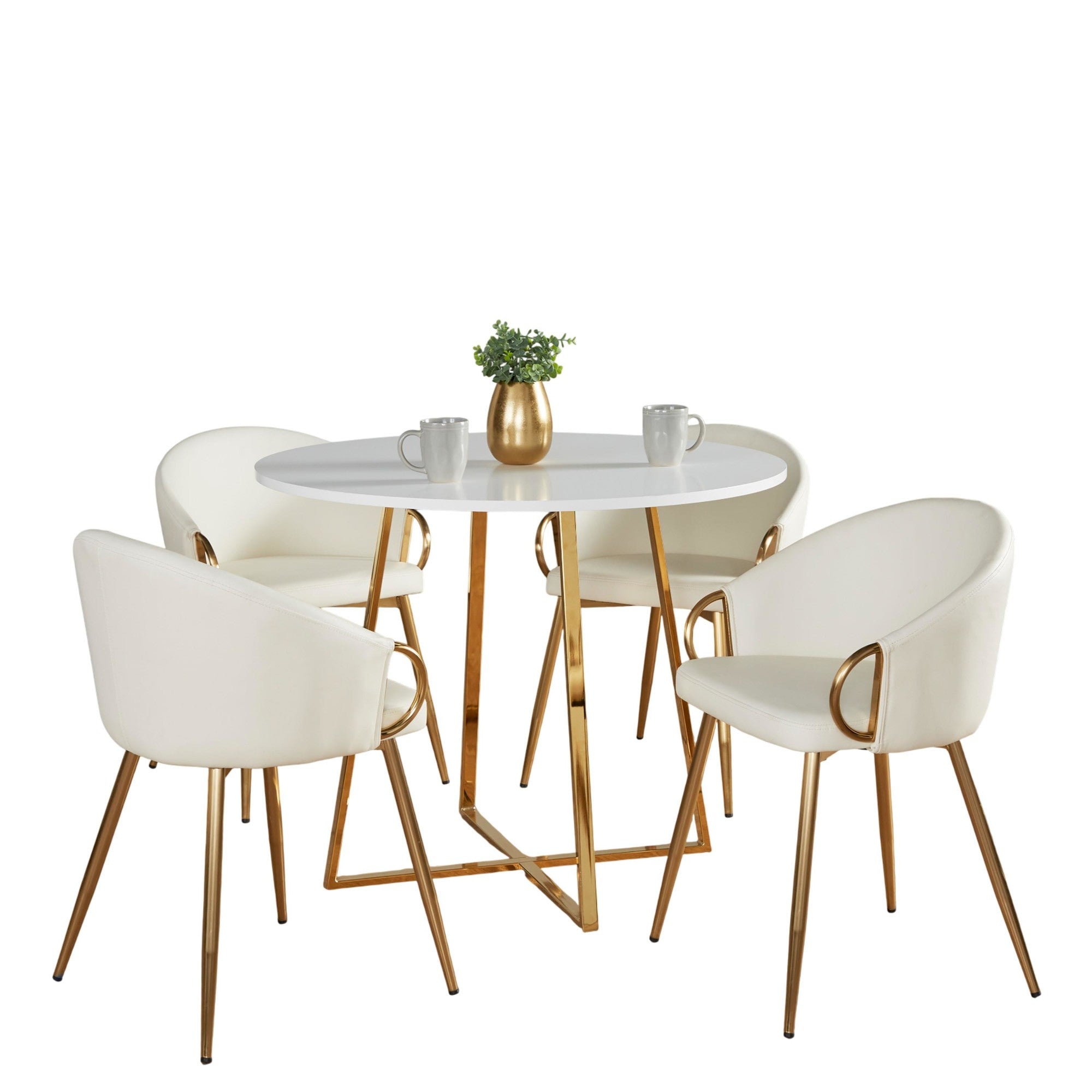 Cosmo-claire Dining Set - 5 Piece - Gold Metal, White MDF, White PU