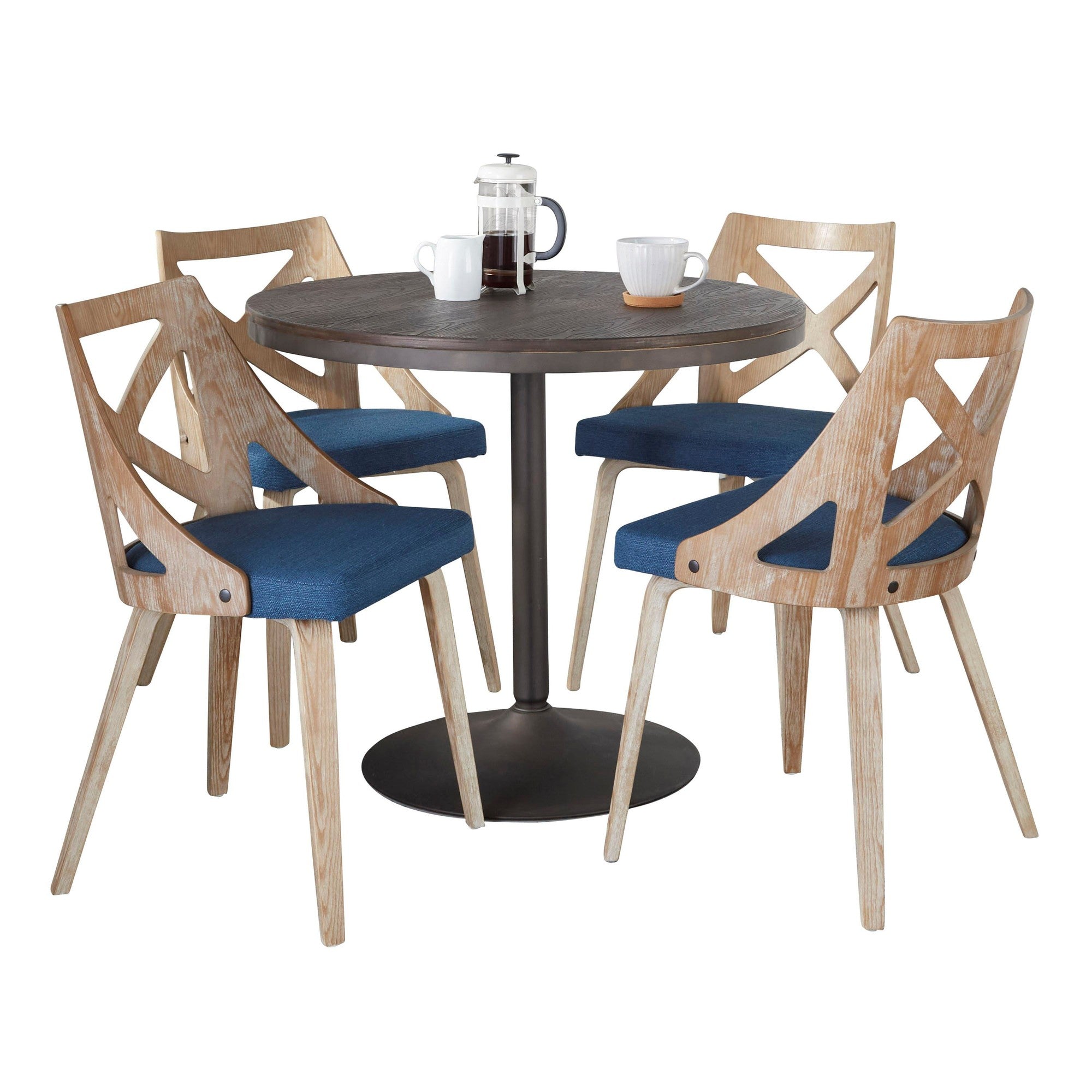 Dakota-charlotte Dining Set - 5 Piece - Antique Metal, Espresso Bamboo, Blue Fabric, Whitewashed Wood