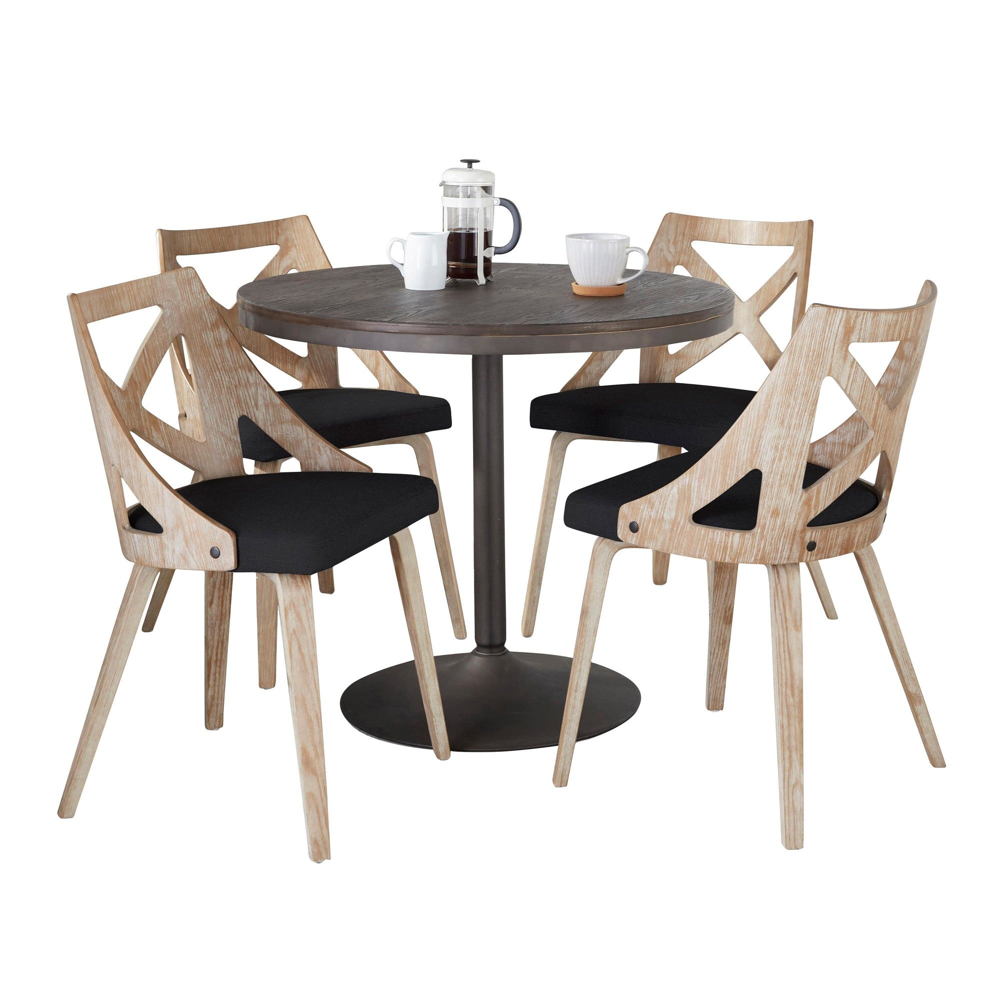 Dakota-charlotte Dining Set - 5 Piece - Antique Metal, Espresso Bamboo, Charcoal Fabric, Whitewashed Wood