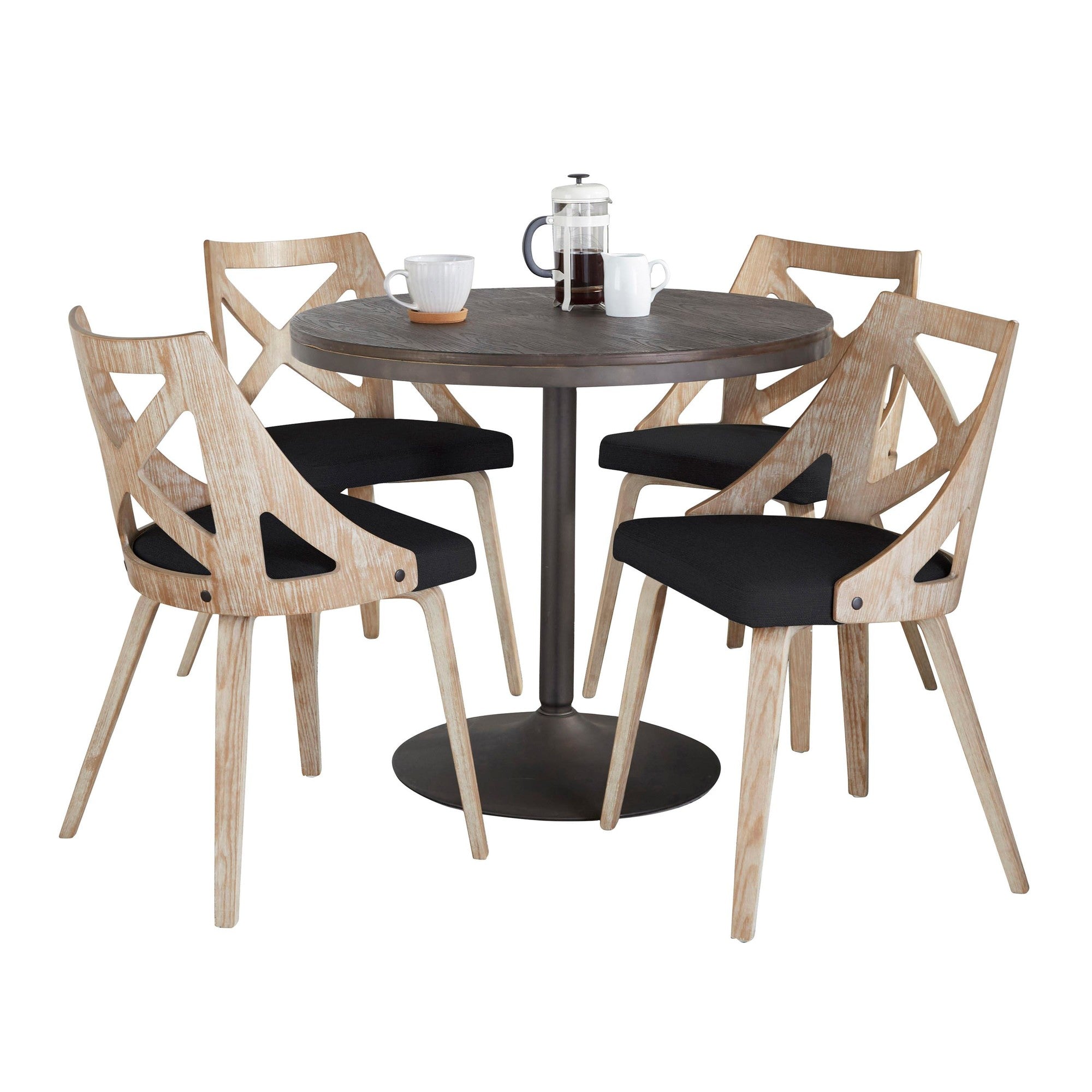 Dakota-charlotte Dining Set - 5 Piece - Antique Metal, Espresso Bamboo, Charcoal Fabric, Whitewashed Wood