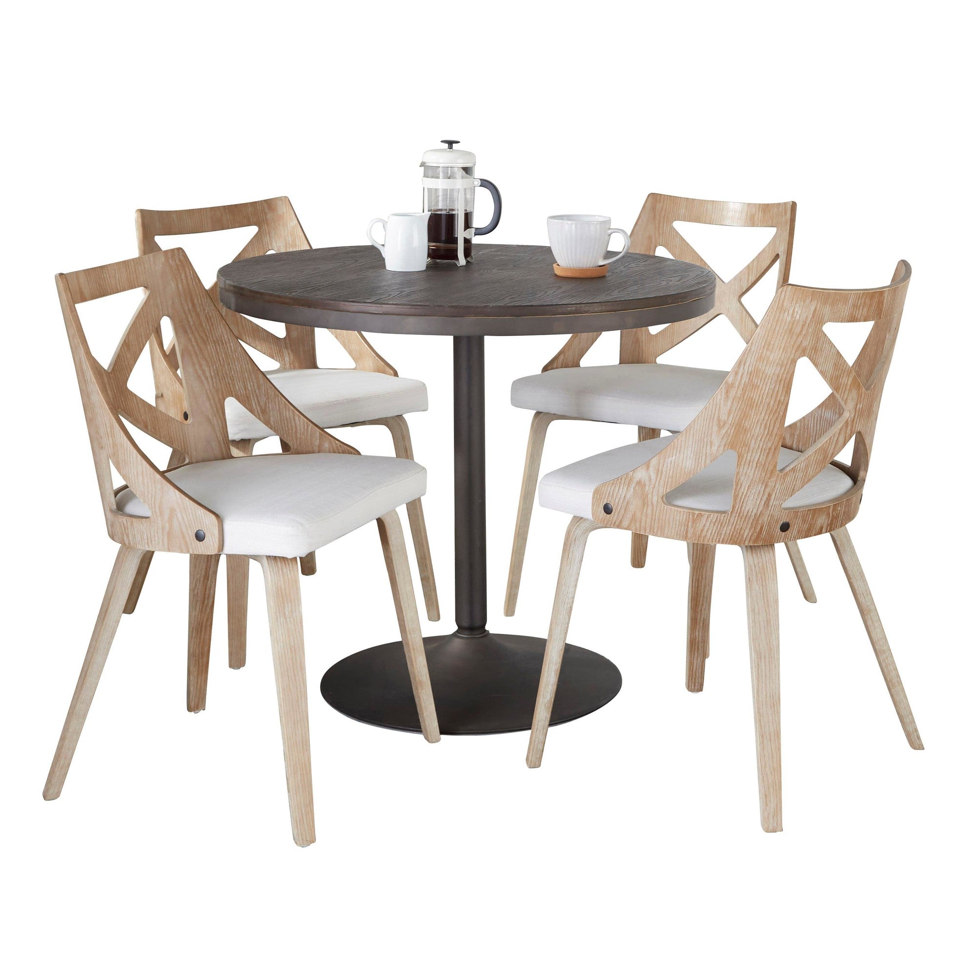 Dakota-charlotte Dining Set - 5 Piece - Antique Metal, Espresso Bamboo, Cream Noise Fabric, Whitewashed Wood