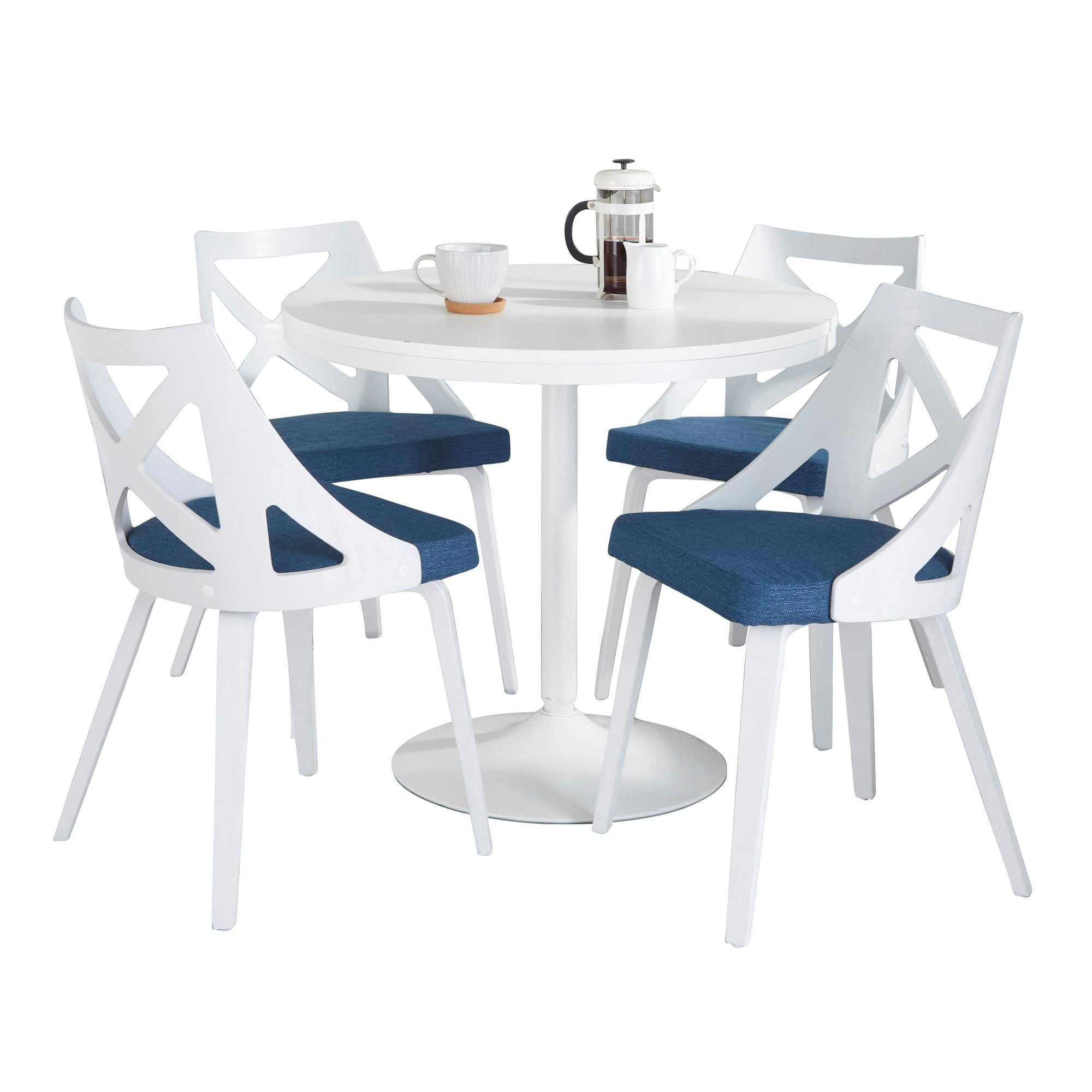 Dakota-charlotte Dining Set - 5 Piece - White Steel, White Wood, Blue Fabric, White Textured Wood
