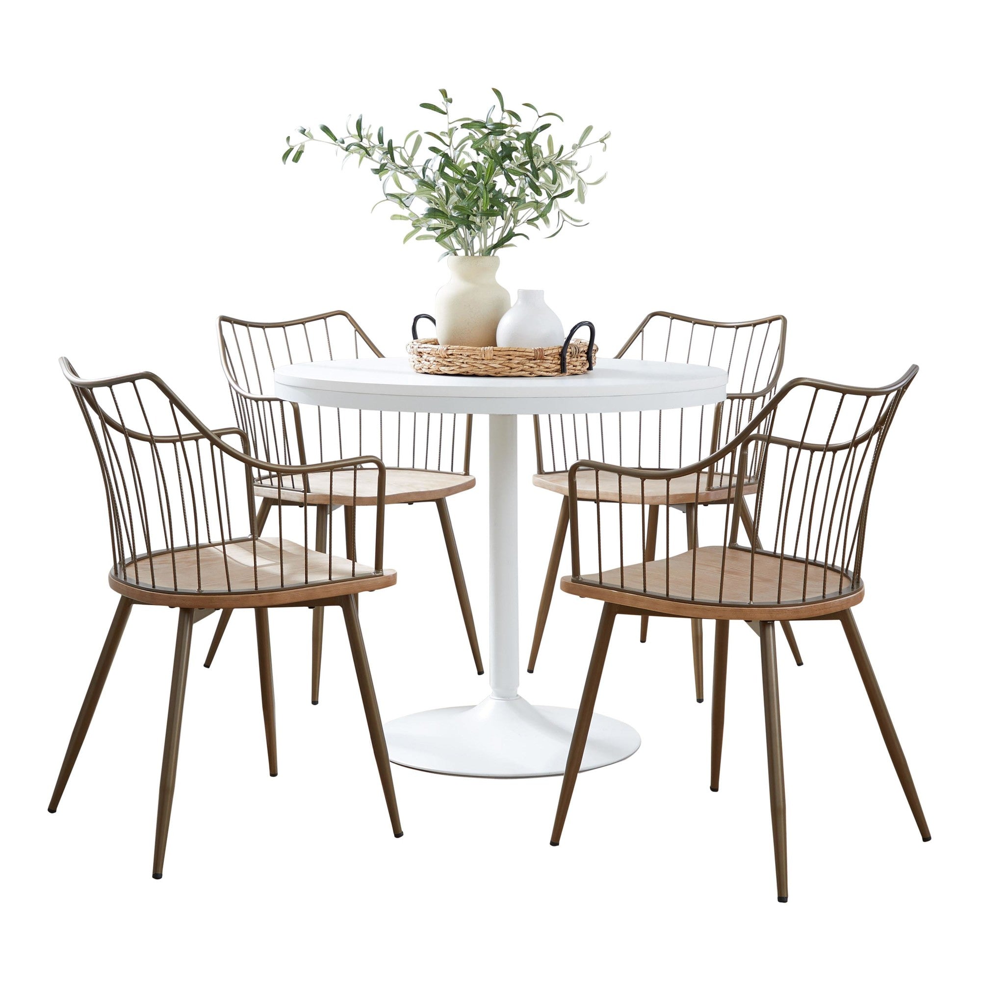 Dakota-winston Dining Set - 5 Piece - White Steel, White Wood, Antique Copper Metal, Whitewashed Wood