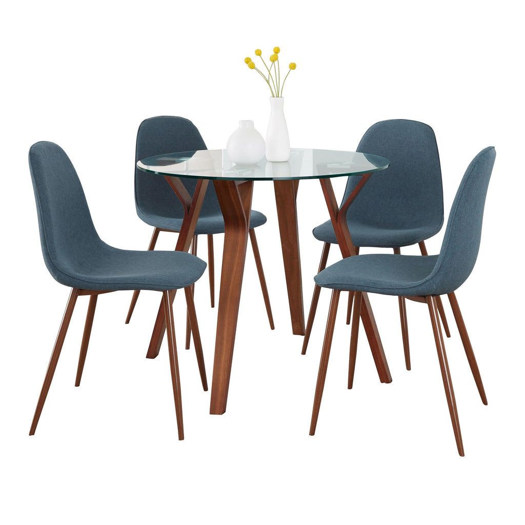 Folia-pebble Round Dining Set - 5 Piece - Walnut Wood, Clear Glass, Walnut Metal, Blue Fabric