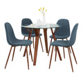 Folia-pebble Round Dining Set - 5 Piece - Walnut Wood, Clear Glass, Walnut Metal, Blue Fabric