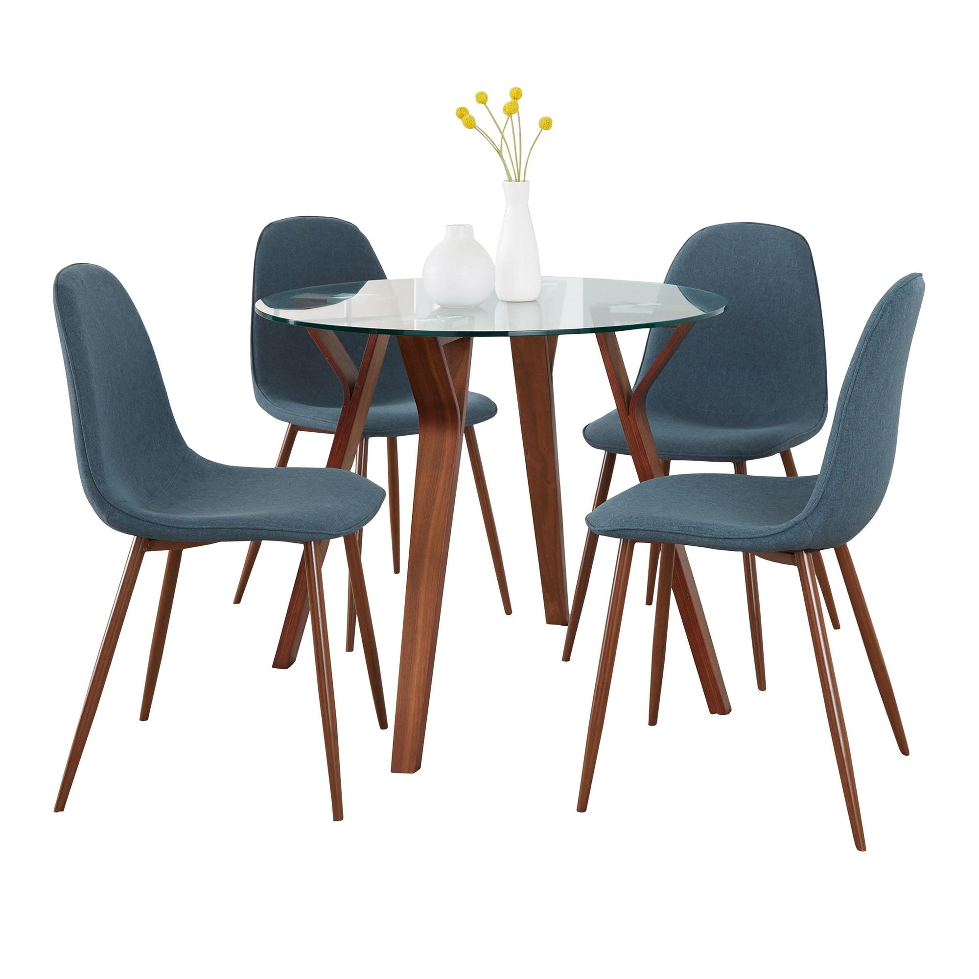 Folia-pebble Round Dining Set - 5 Piece - Walnut Wood, Clear Glass, Walnut Metal, Blue Fabric