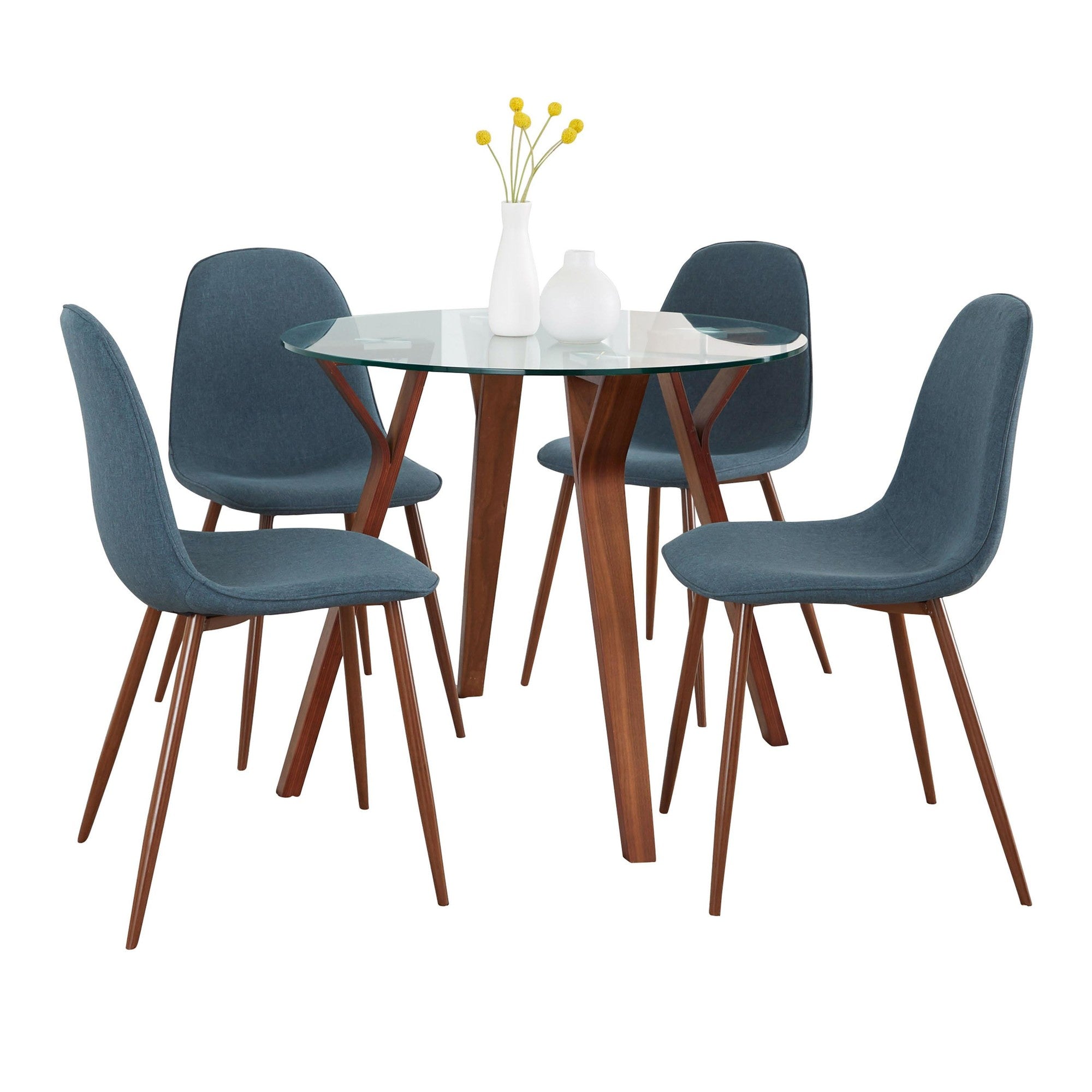Folia-pebble Round Dining Set - 5 Piece - Walnut Wood, Clear Glass, Walnut Metal, Blue Fabric
