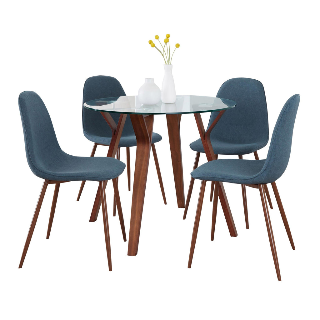 Folia Round Pebble Dining Set - 5 Piece - Walnut Wood, Clear Glass, Walnut Metal, Blue Fabric