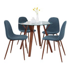 Folia Round Pebble Dining Set - 5 Piece - Walnut Wood, Clear Glass, Walnut Metal, Blue Fabric