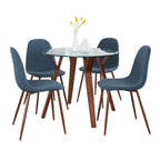 Folia Round Pebble Dining Set - 5 Piece - Walnut Wood, Clear Glass, Walnut Metal, Blue Fabric