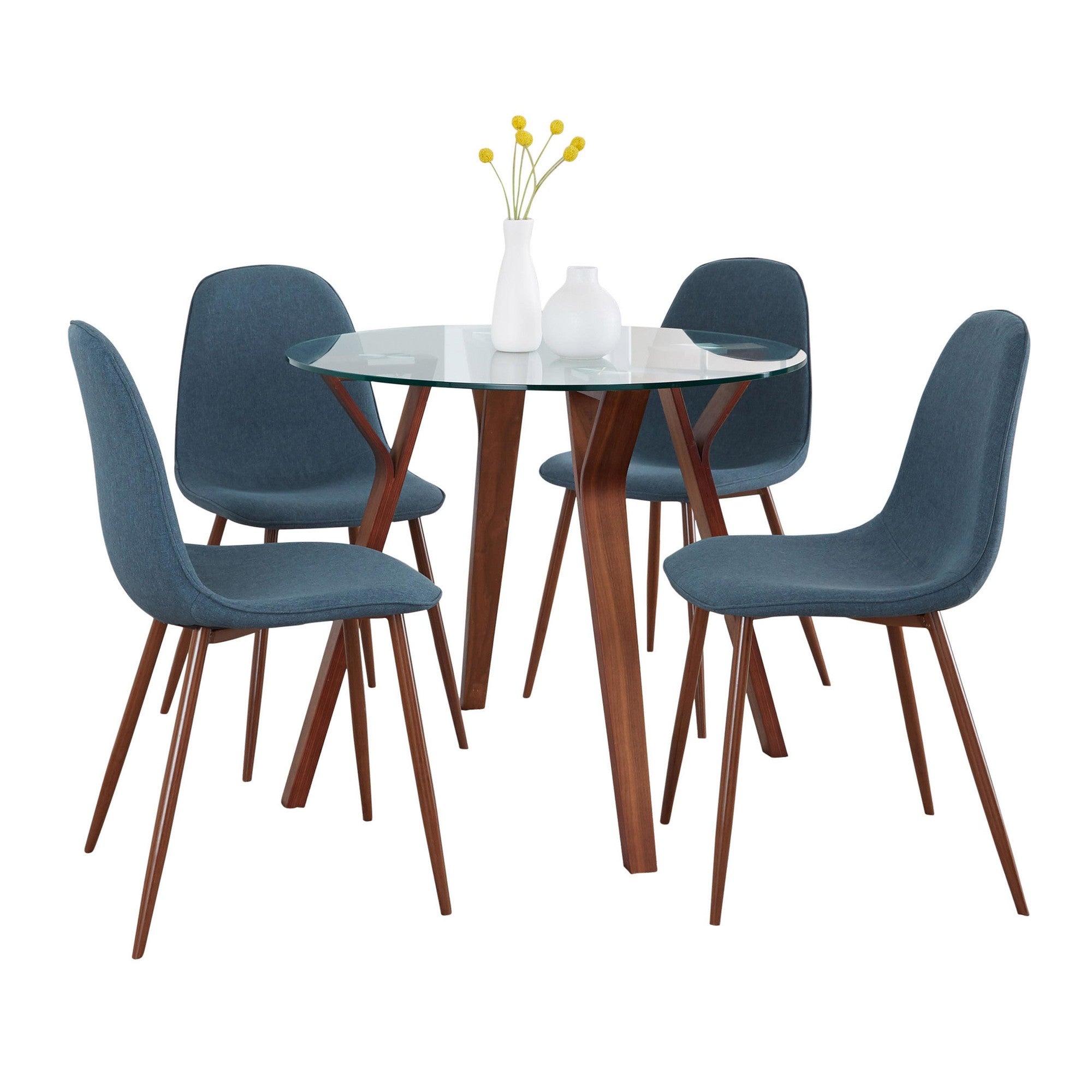 Folia Round Pebble Dining Set - 5 Piece - Walnut Wood, Clear Glass, Walnut Metal, Blue Fabric