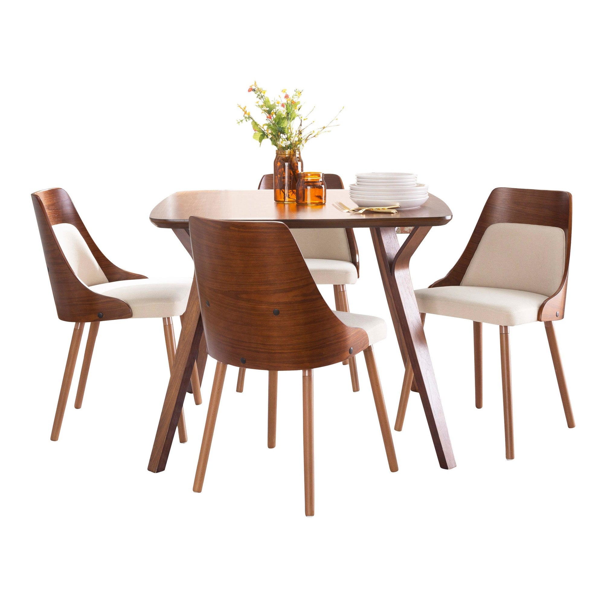 Folia - Anabelle Square Dining Set - 5 Piece - Walnut Wood, Cream Fabric