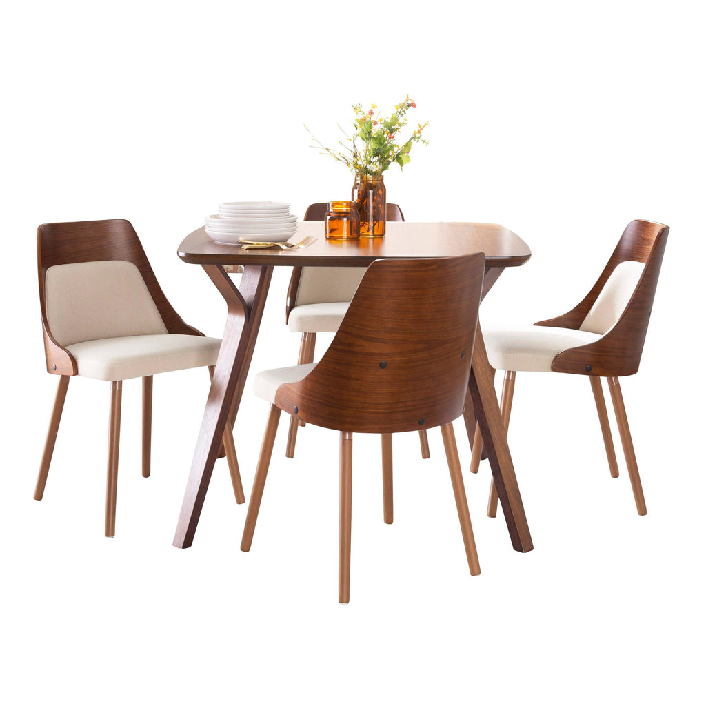 Folia - Anabelle Square Dining Set - 5 Piece - Walnut Wood, Cream Fabric