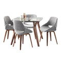 Folia Square Fabrico Dining Set - 5 Piece - Walnut Wood, Clear Glass, Grey Fabric