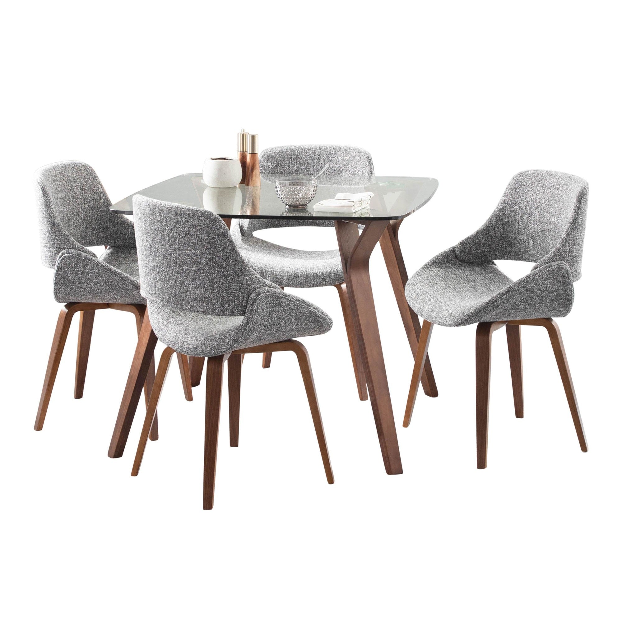 Folia Square Fabrico Dining Set - 5 Piece - Walnut Wood, Clear Glass, Grey Fabric