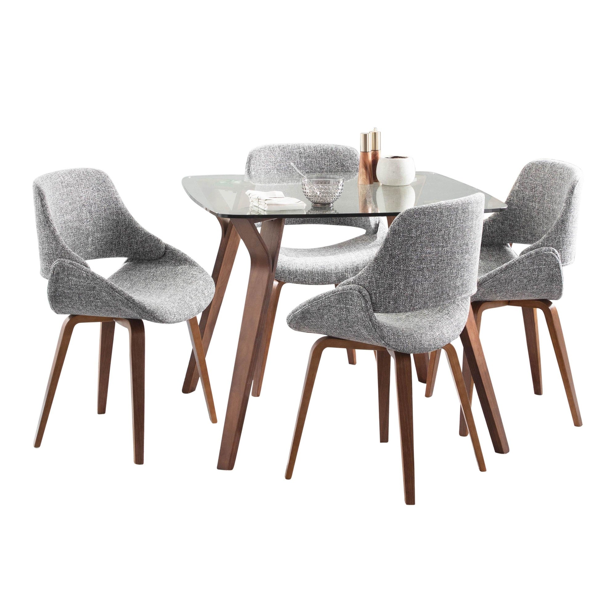 Folia Square Fabrico Dining Set - 5 Piece - Walnut Wood, Clear Glass, Grey Fabric