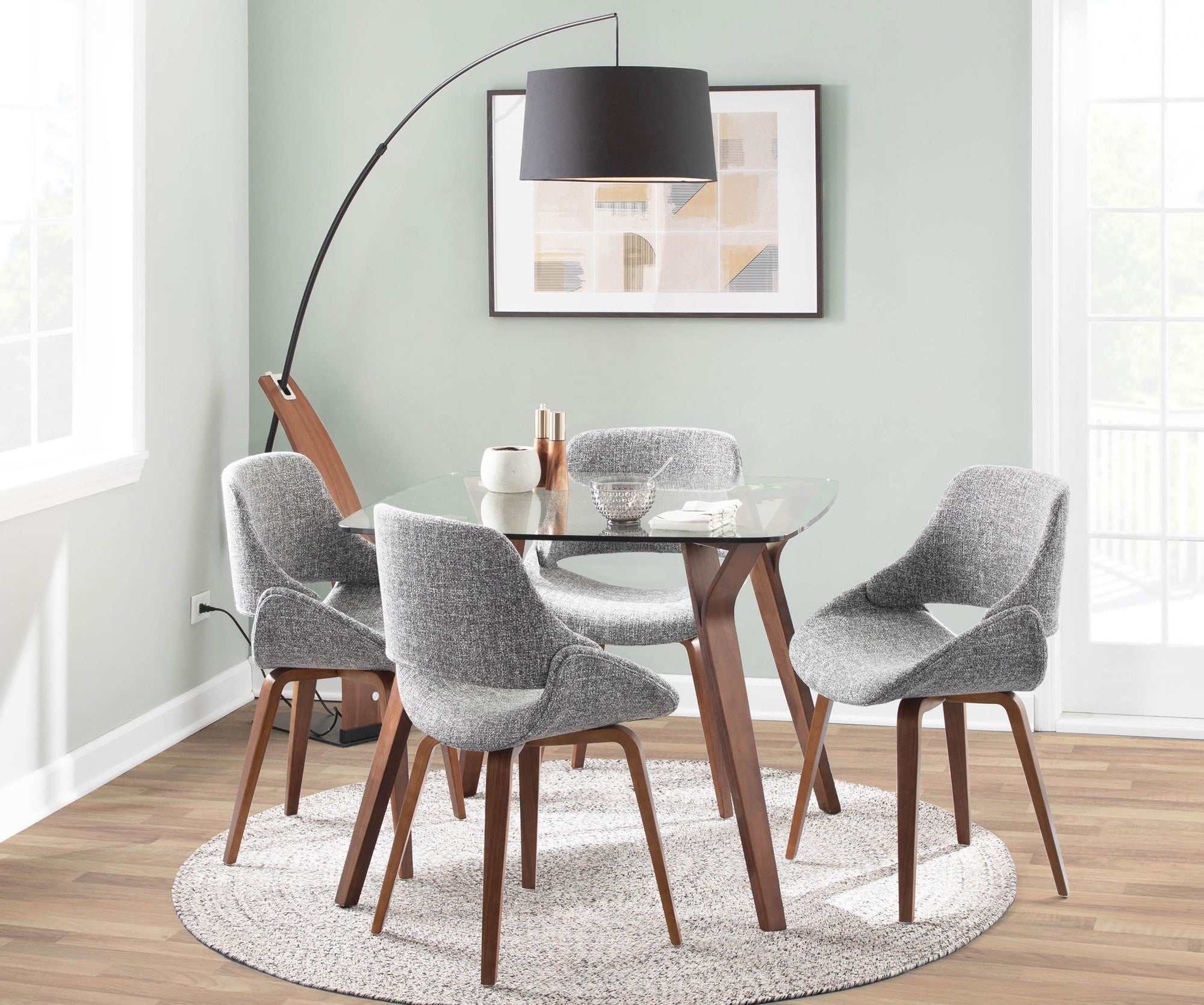 Folia Square Fabrico Dining Set - 5 Piece - Walnut Wood, Clear Glass, Grey Fabric