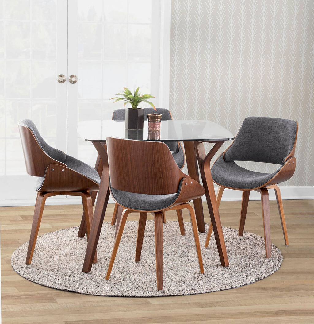 Folia Square Fabrizzi Dining Set - 5 Piece - Walnut Wood, Clear Glass, Grey Fabric