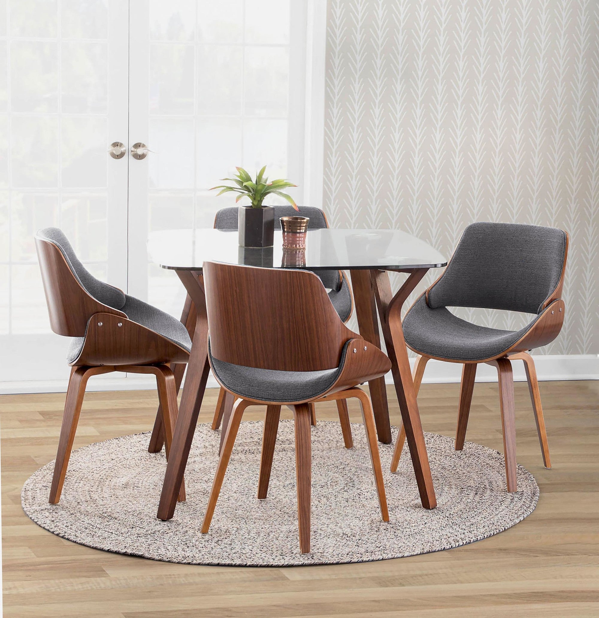 Folia Square Fabrizzi Dining Set - 5 Piece - Walnut Wood, Clear Glass, Grey Fabric