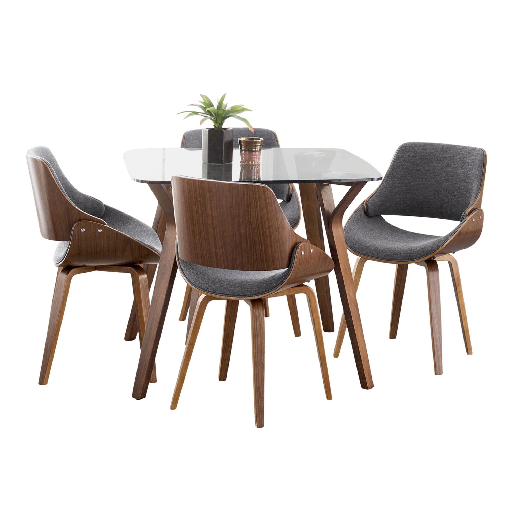Folia Square Fabrizzi Dining Set - 5 Piece - Walnut Wood, Clear Glass, Grey Fabric