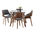 Folia Square Fabrizzi Dining Set - 5 Piece - Walnut Wood, Clear Glass, Grey Fabric