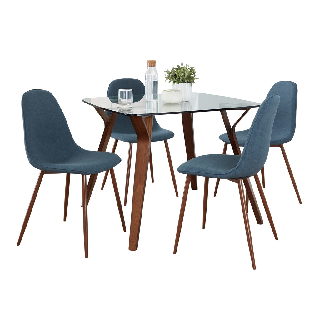 Folia Square Pebble Dining Set - 5 Piece - Walnut Wood, Clear Glass, Grey Fabric