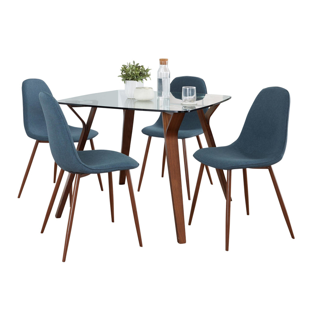 Folia Square Pebble Dining Set - 5 Piece - Walnut Wood, Clear Glass, Grey Fabric