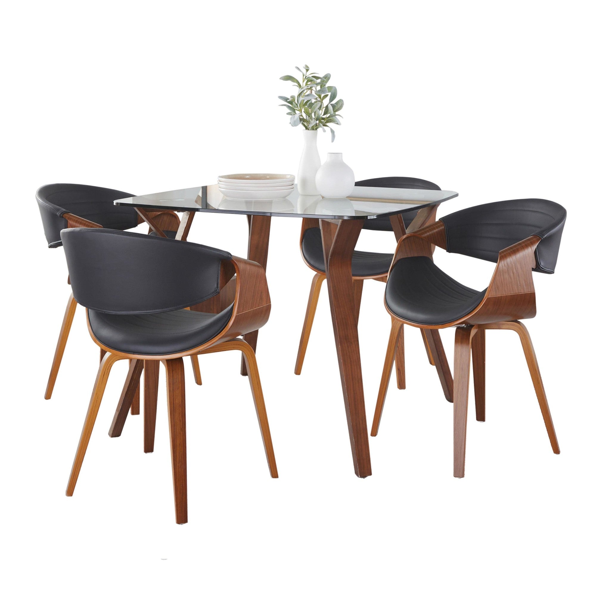 Folia-symphony Square Dining Set - 5 Piece - Clear Glass, Walnut Wood, Black PU