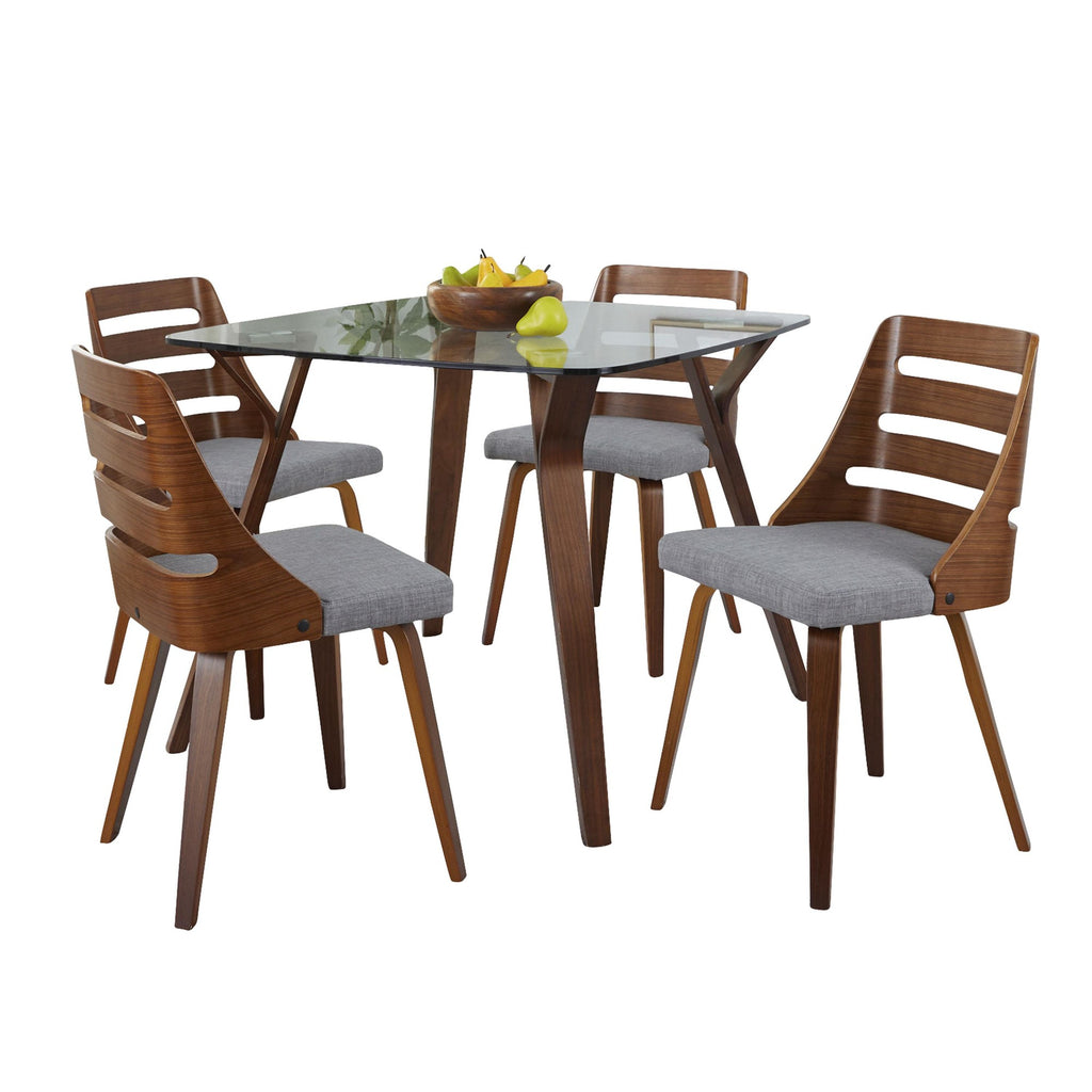 Folia-trevi Square Dining Set - 5 Piece - Walnut Wood, Clear Glass, Grey Fabric