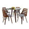 Folia-trevi Square Dining Set - 5 Piece - Walnut Wood, Clear Glass, Grey Fabric