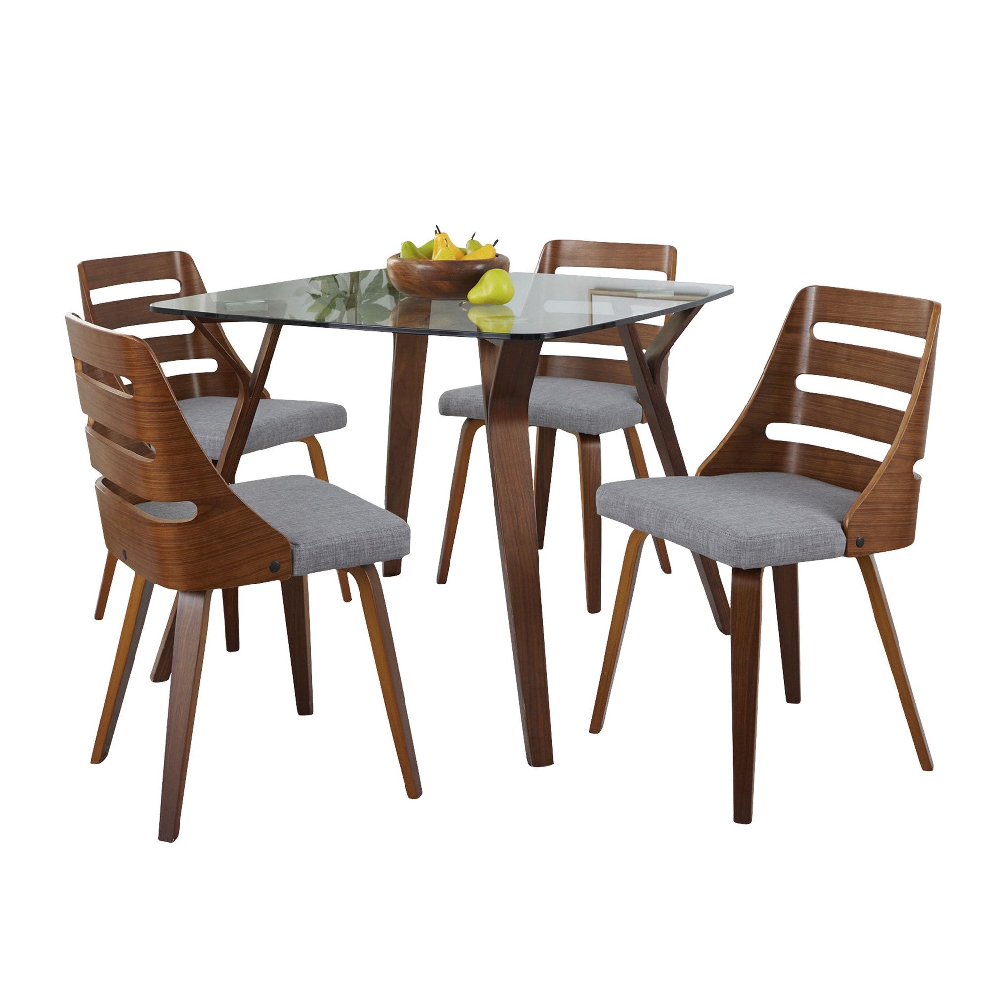Folia-trevi Square Dining Set - 5 Piece - Walnut Wood, Clear Glass, Grey Fabric