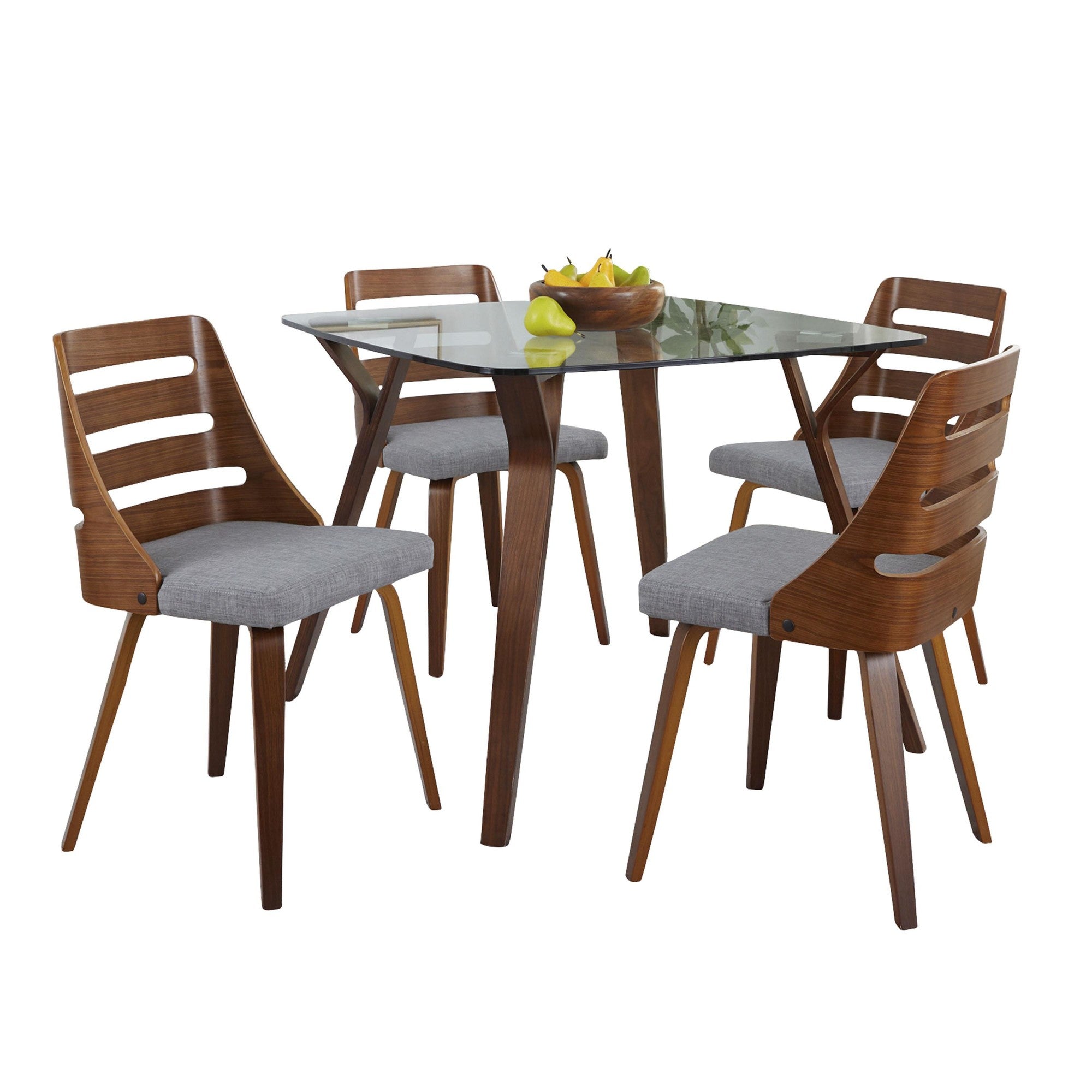 Folia-trevi Square Dining Set - 5 Piece - Walnut Wood, Clear Glass, Grey Fabric