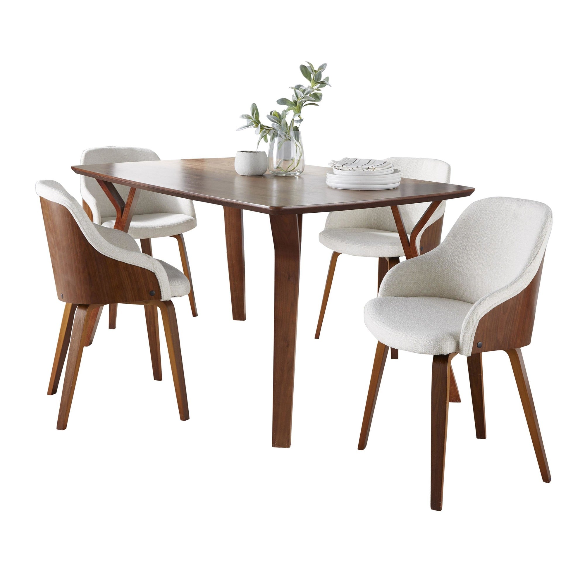 Folia-bacci Dining Set - 5 Piece - Walnut Wood, Cream Fabric