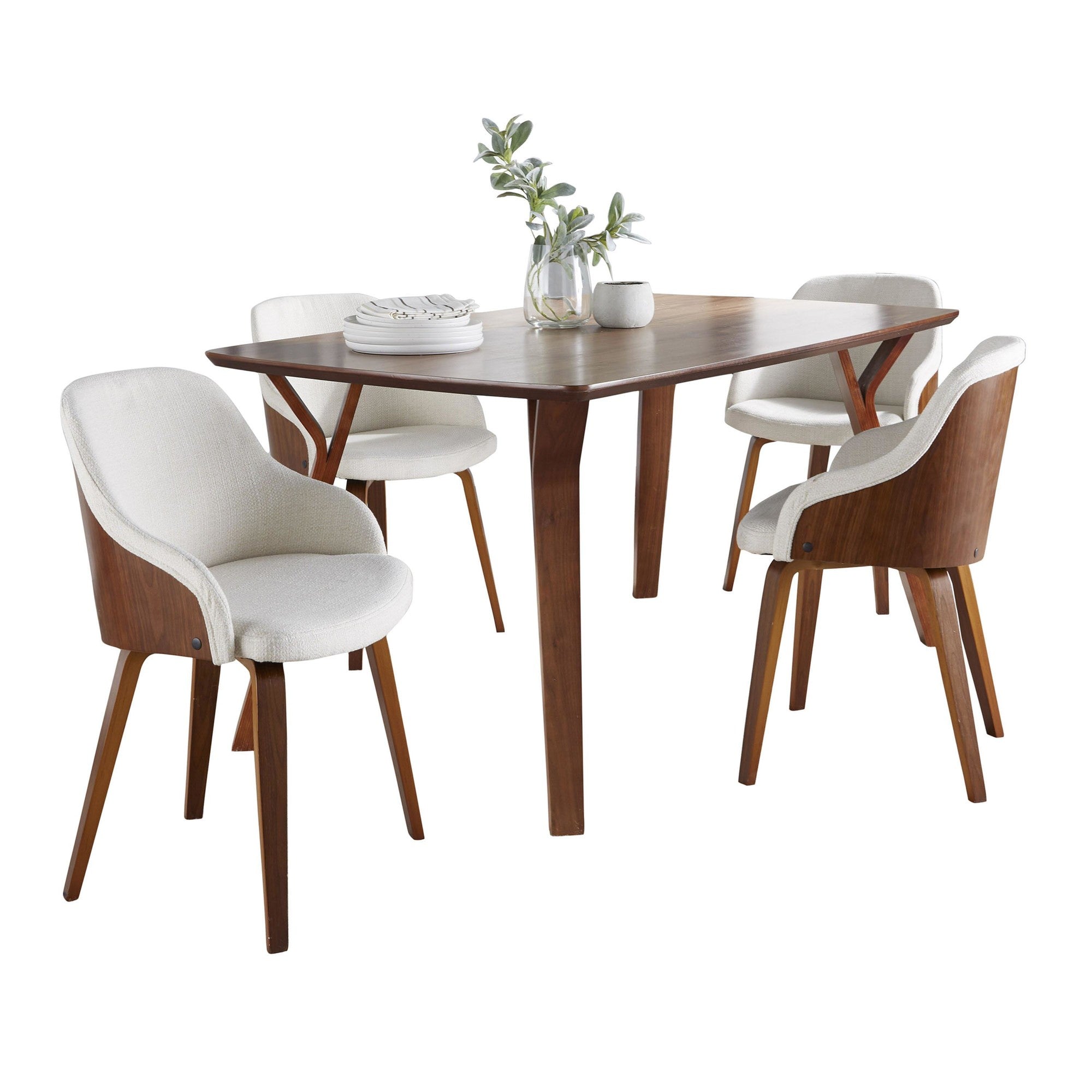 Folia-bacci Dining Set - 5 Piece - Walnut Wood, Cream Fabric