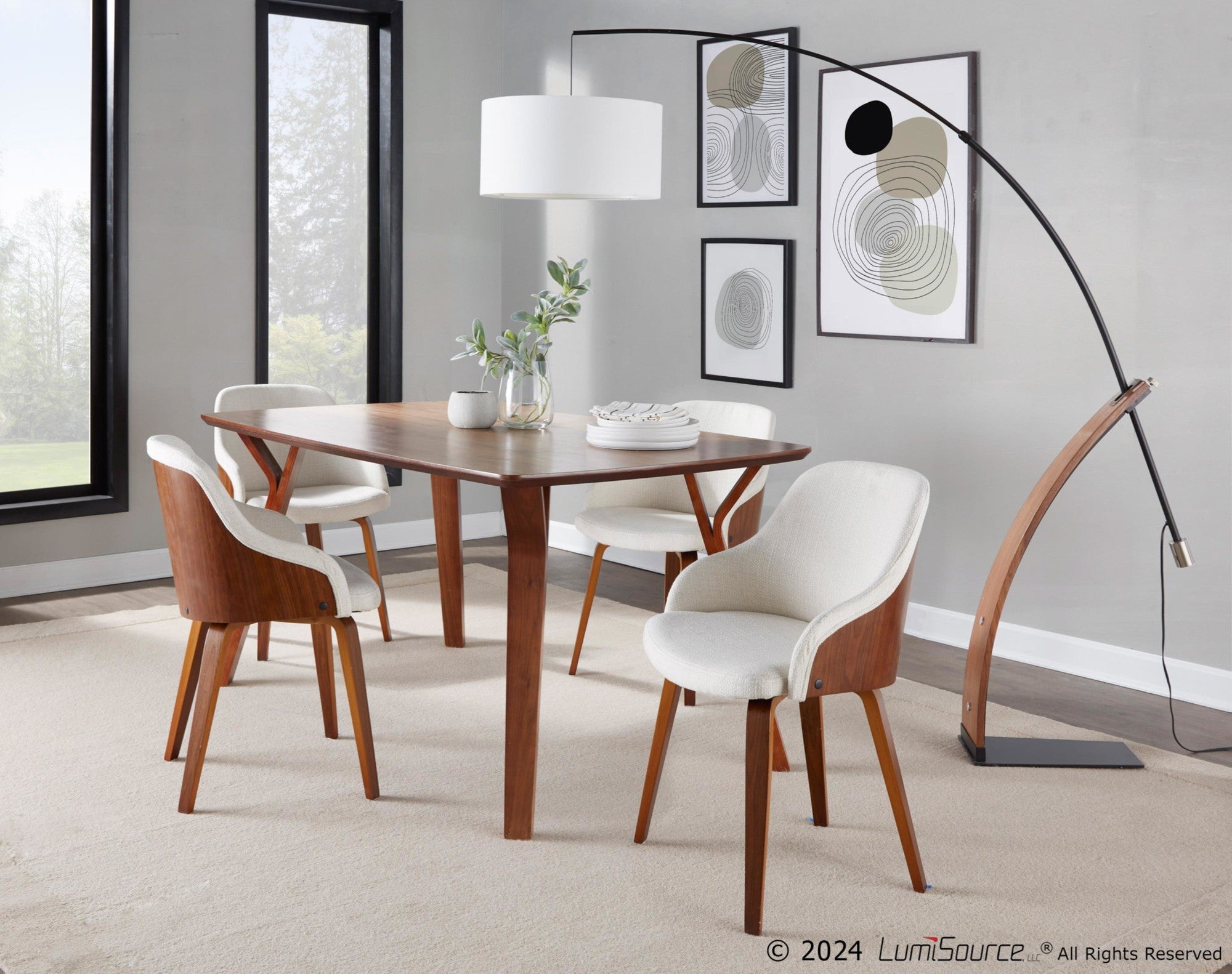 Folia-bacci Dining Set - 5 Piece - Walnut Wood, Cream Fabric