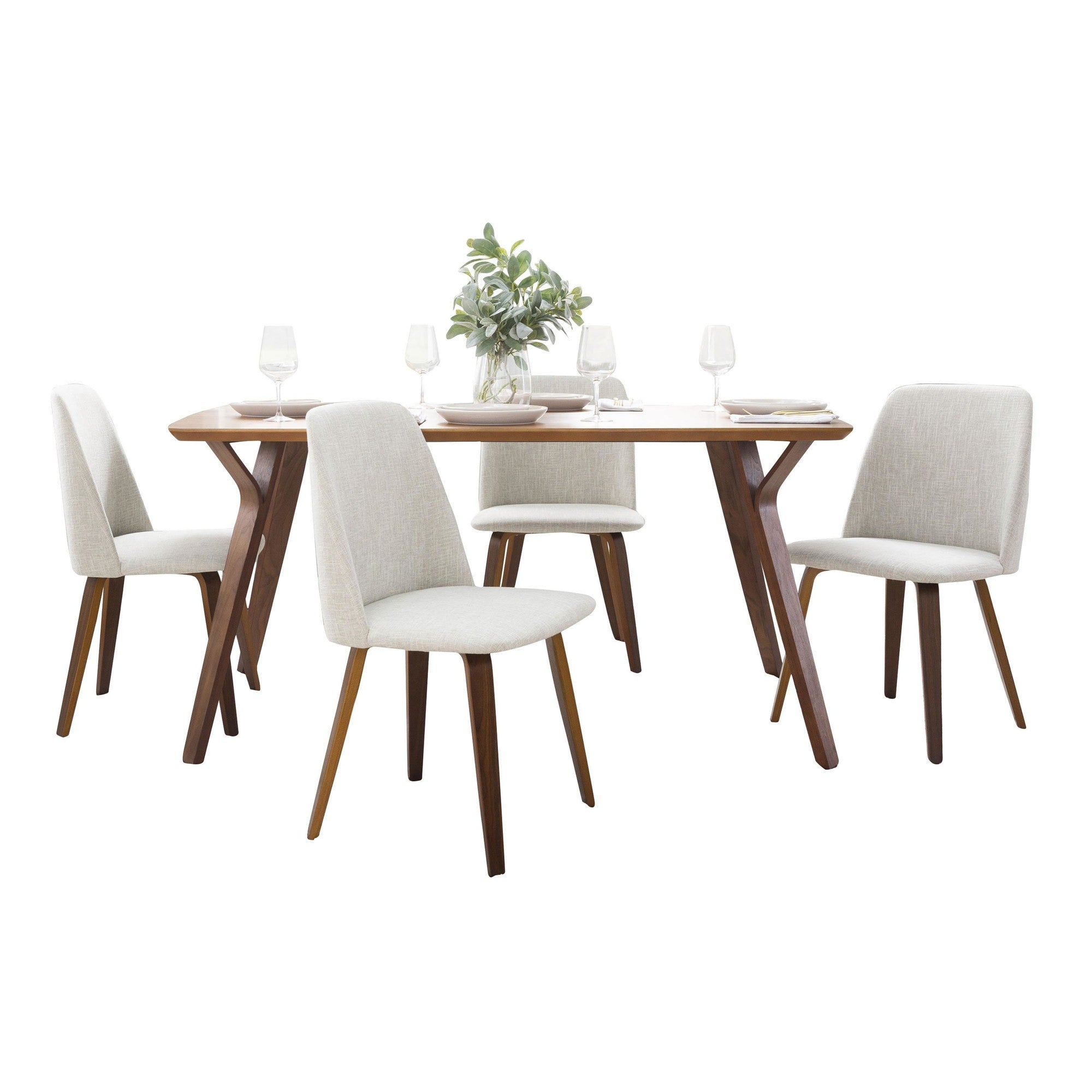 Folia-toriano Dining Set - 5 Piece - Walnut Wood, Beige Fabric