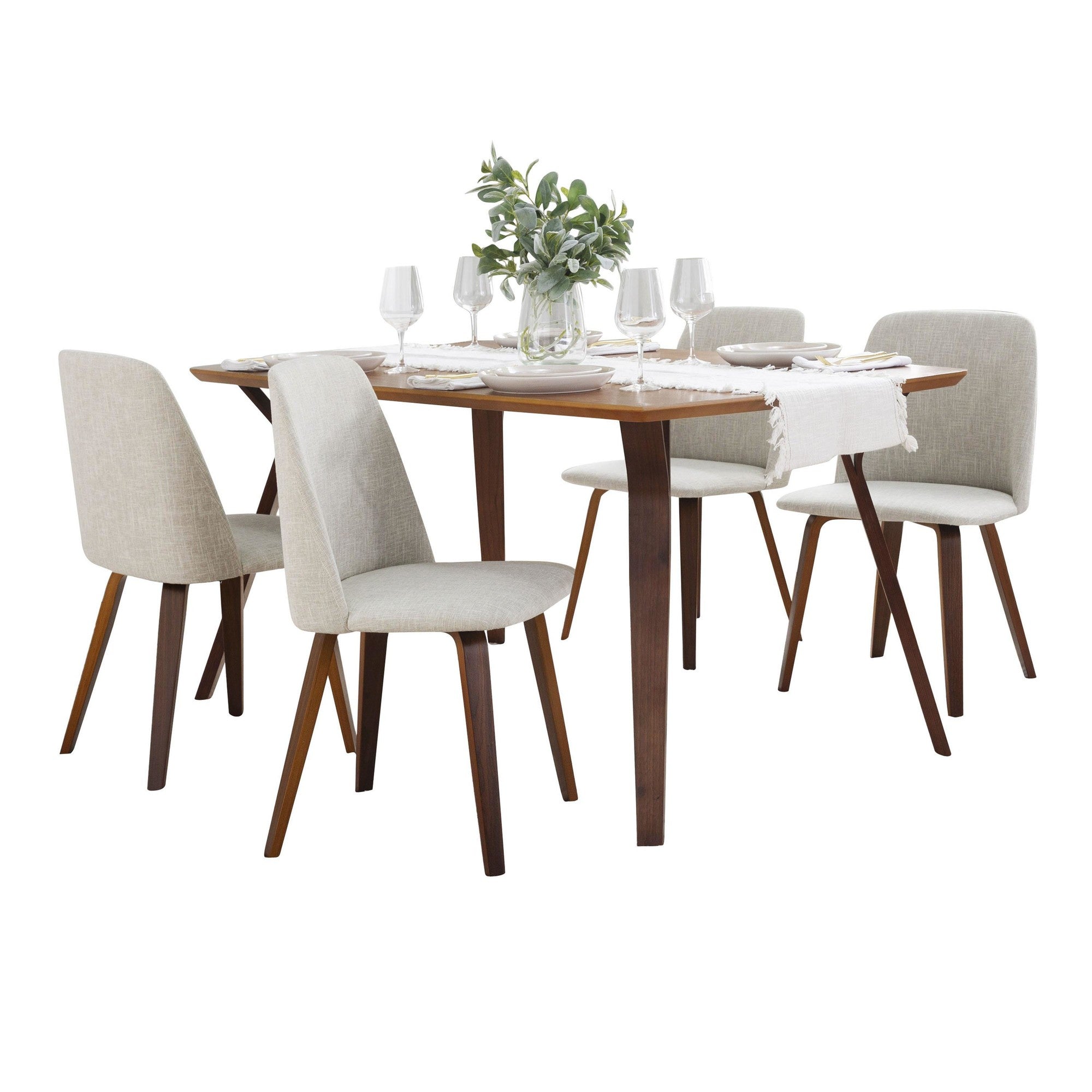 Folia-toriano Dining Set - 5 Piece - Walnut Wood, Beige Fabric