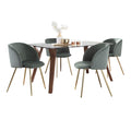 Folia-fran Dining Set - 5 Piece - Walnut Wood, Clear Glass, Sage Green Velvet, Gold Metal