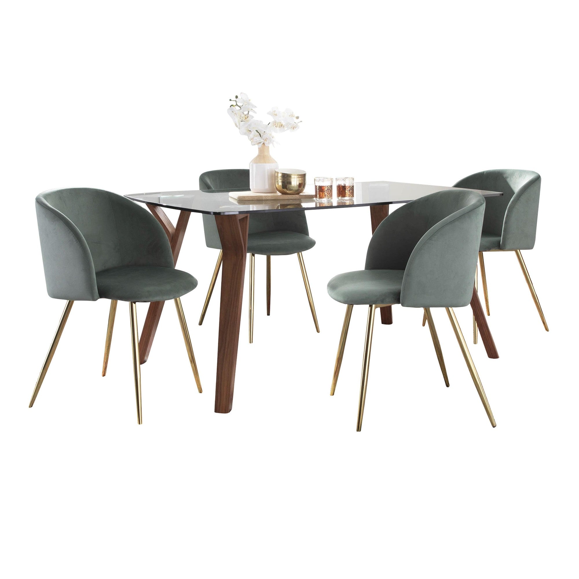 Folia-fran Dining Set - 5 Piece - Walnut Wood, Clear Glass, Sage Green Velvet, Gold Metal
