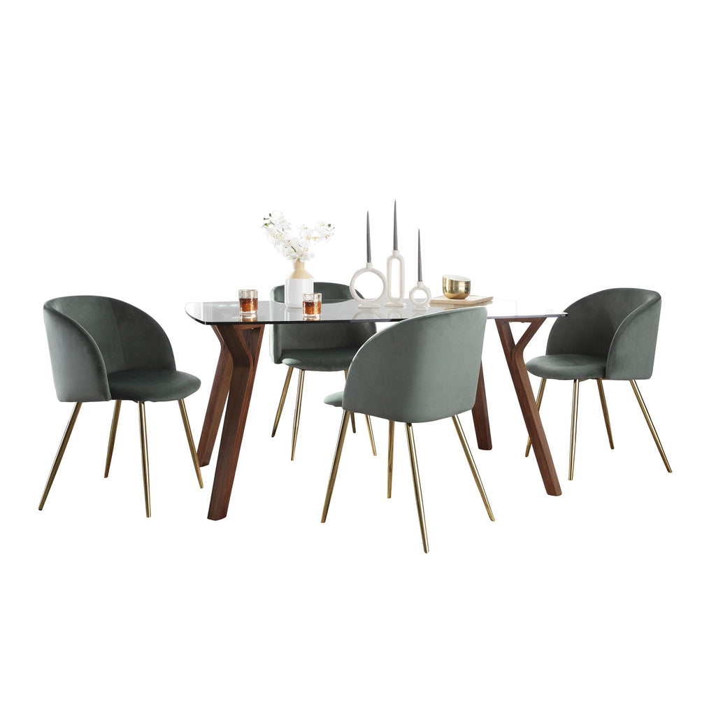 Folia-fran Dining Set - 5 Piece - Walnut Wood, Clear Glass, Sage Green Velvet, Gold Metal